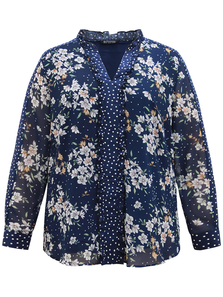 Chiffon Floral Polka Dot Patchwork Frill Trim Mesh Blouse - Image 7