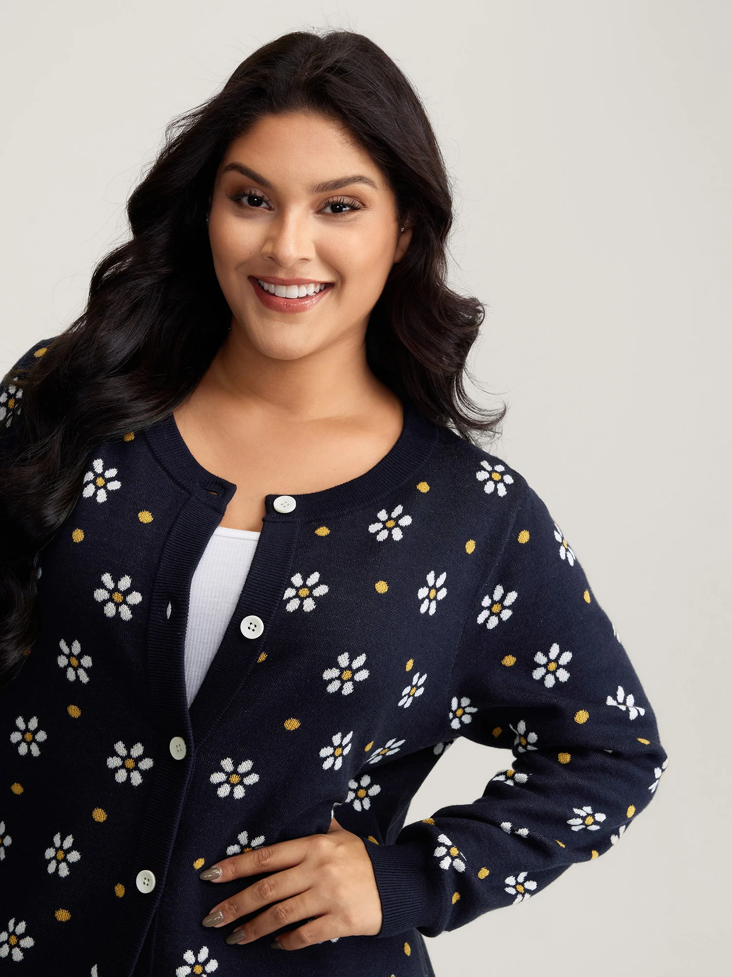 Floral Polka Dot Print Button Knit Cardigan - Image 2