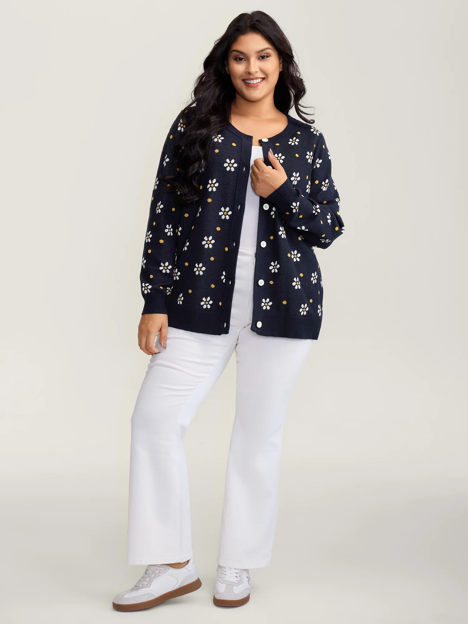 Floral Polka Dot Print Button Knit Cardigan - Image 3
