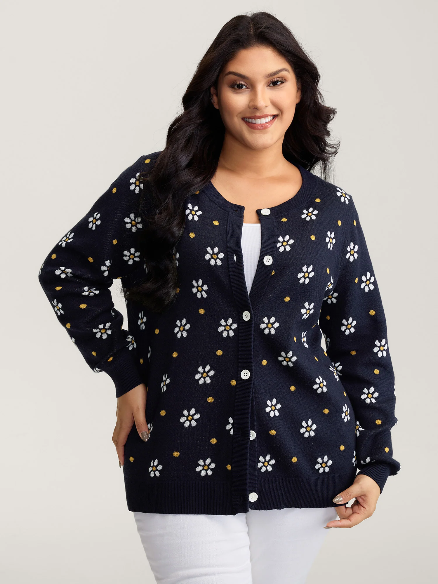 Floral Polka Dot Print Button Knit Cardigan - Image 4