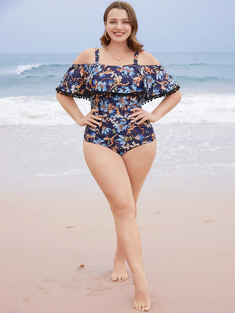 Floral Pompom Trim Cold Shoulder One Piece Swimsuit - Image 3