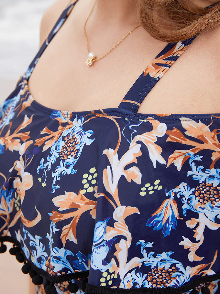 Floral Pompom Trim Cold Shoulder One Piece Swimsuit - Image 5