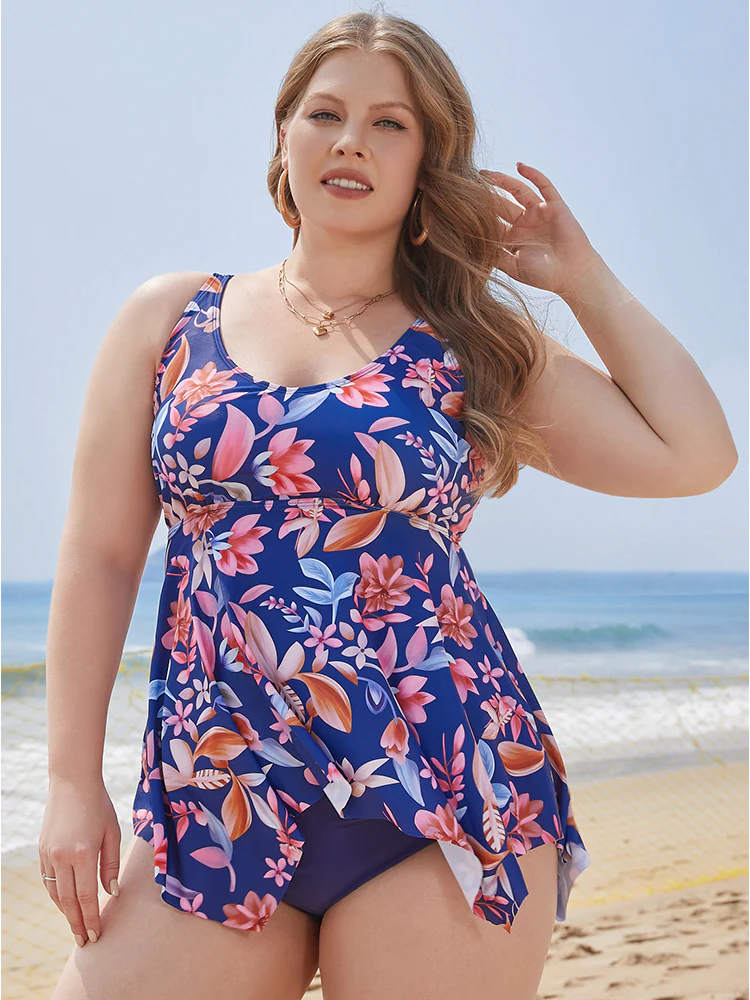Floral Print A Line Hanky Hem Tankini Top - Image 4
