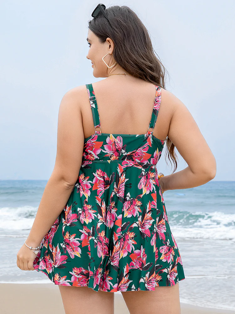 Floral Print A Line Round Neck Ruffle Hem Swim Dress - Image 2