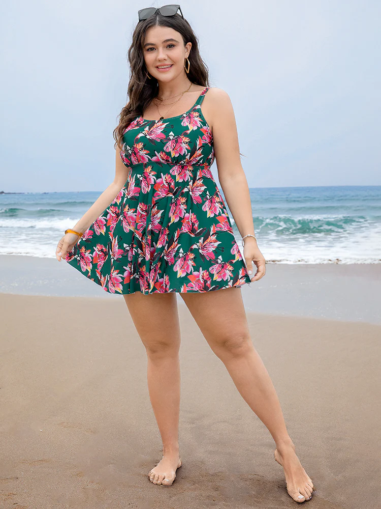 Floral Print A Line Round Neck Ruffle Hem Swim Dress - Image 3
