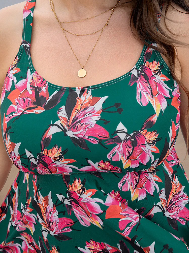 Floral Print A Line Round Neck Ruffle Hem Swim Dress - Image 7
