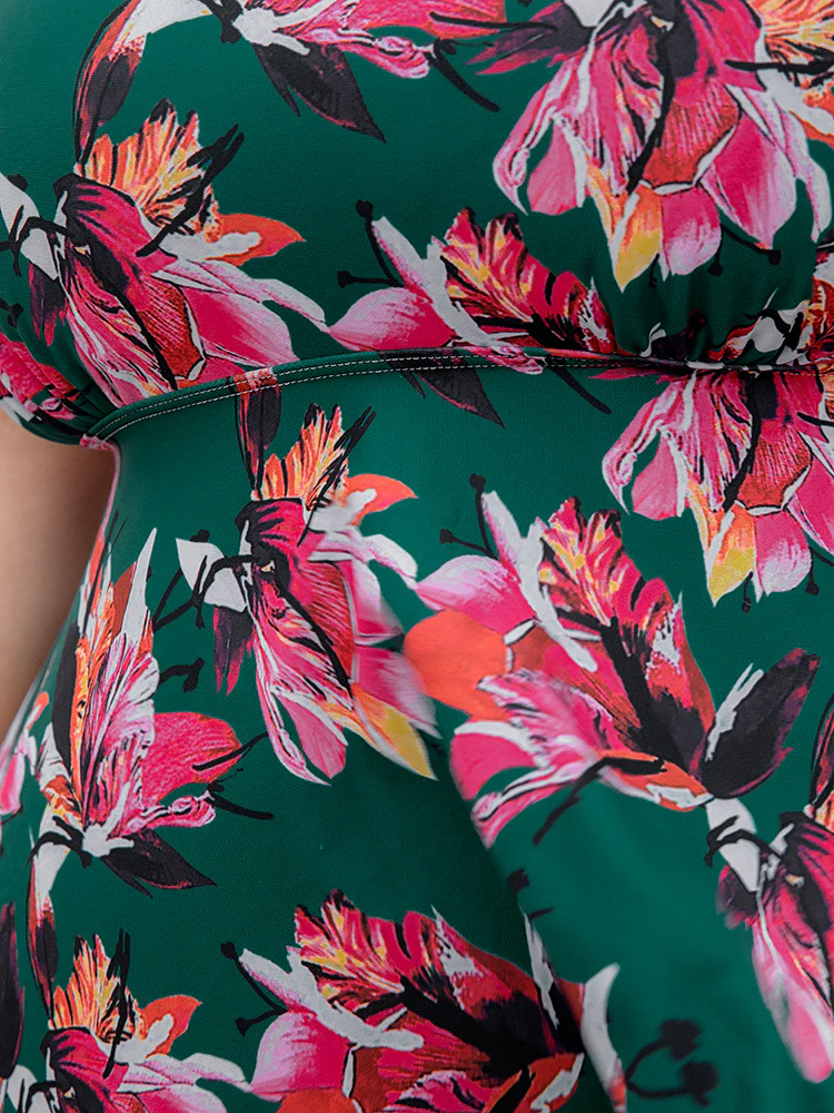 Floral Print A Line Round Neck Ruffle Hem Swim Dress - Image 9
