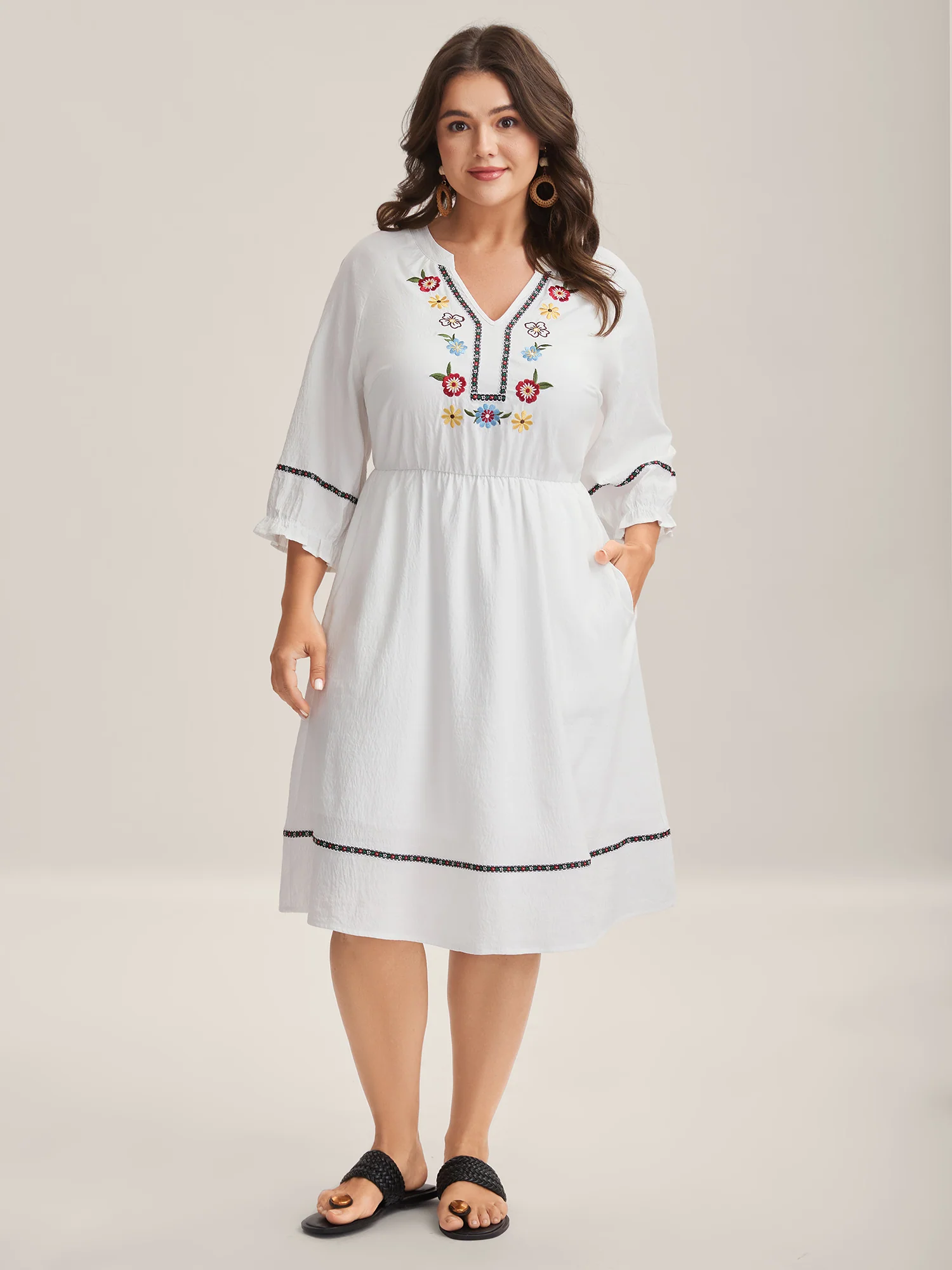 Floral Print A-Line Solid Midi Dress - Image 2