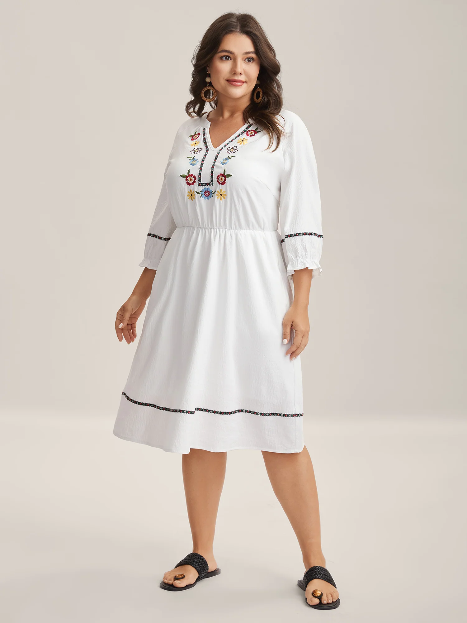 Floral Print A-Line Solid Midi Dress - Image 3