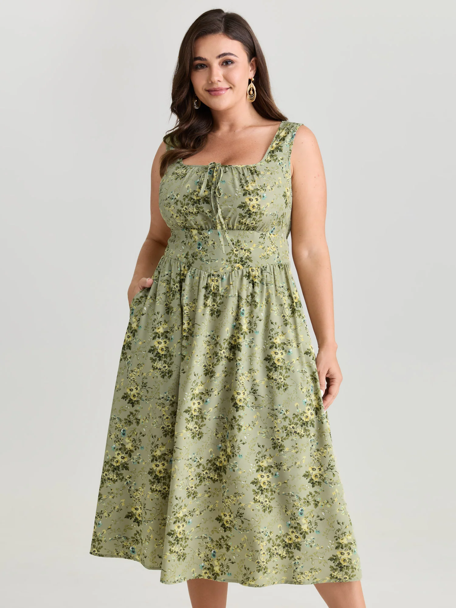 Floral Print Adjustable Bust-Tie Pockets Midi Dress - Image 10