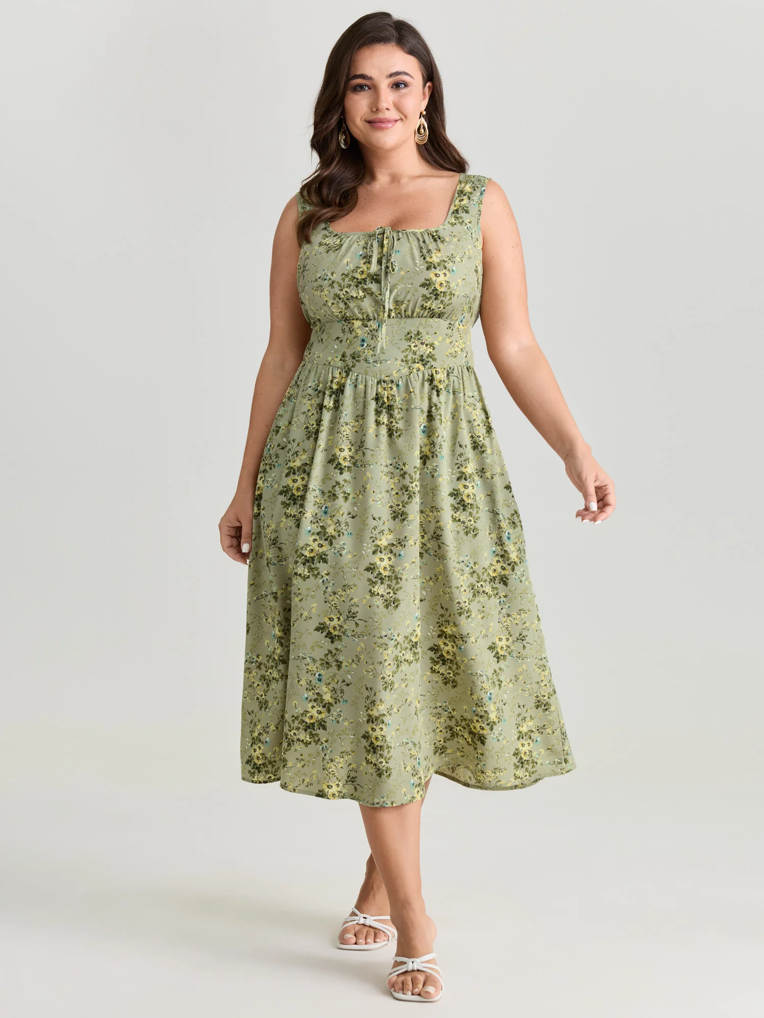 Floral Print Adjustable Bust-Tie Pockets Midi Dress - Image 8