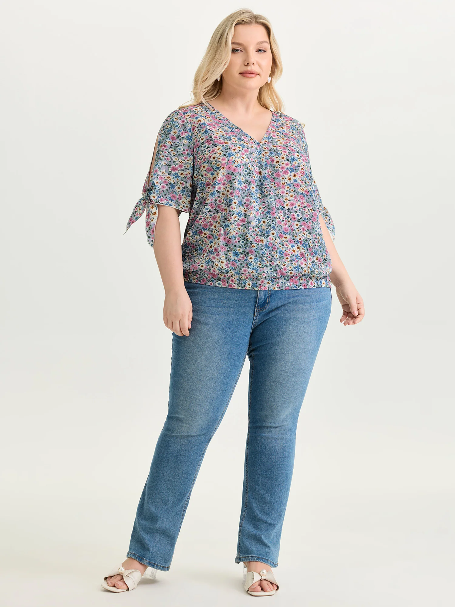 Floral Print Adjustable Sleeve Tie Blouse - Image 3