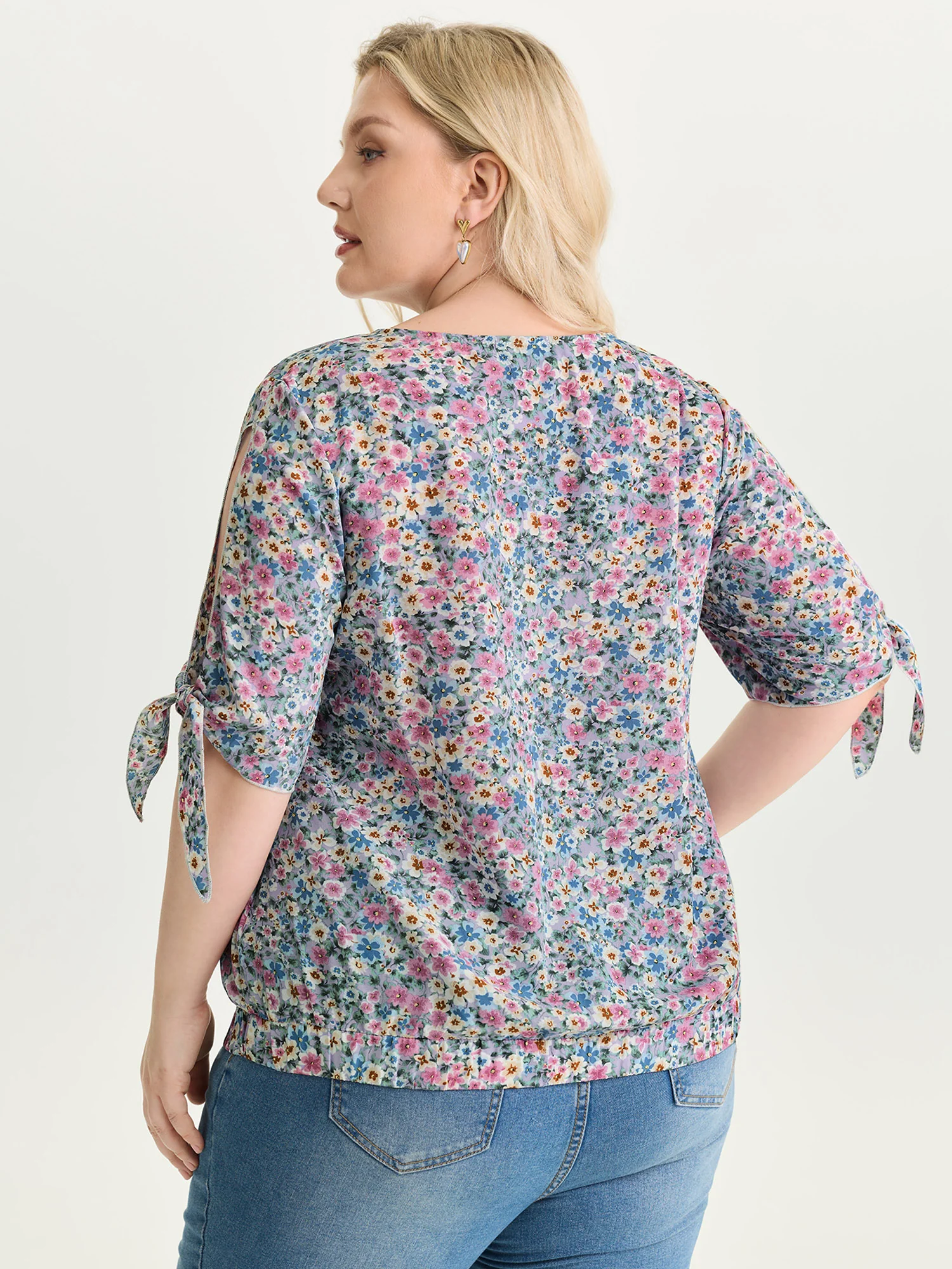 Floral Print Adjustable Sleeve Tie Blouse - Image 4