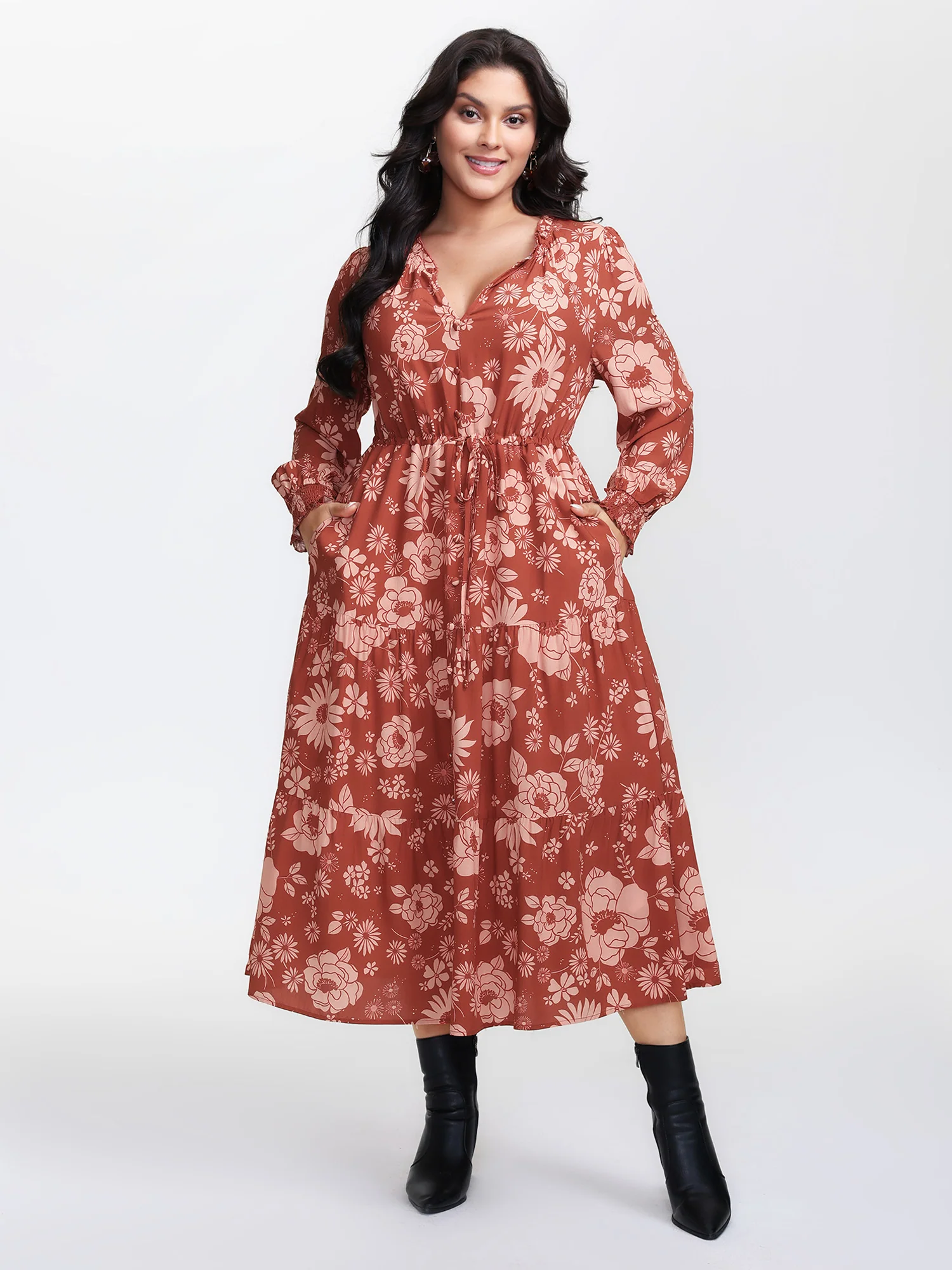 Floral Print Adjustable Waist-Tie Maxi Dress - Image 3