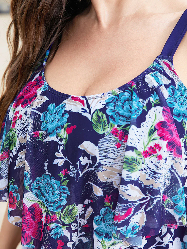 Floral Print Asymmetrical Tiered Hem Ruffles One Piece Swimsuit - Image 8