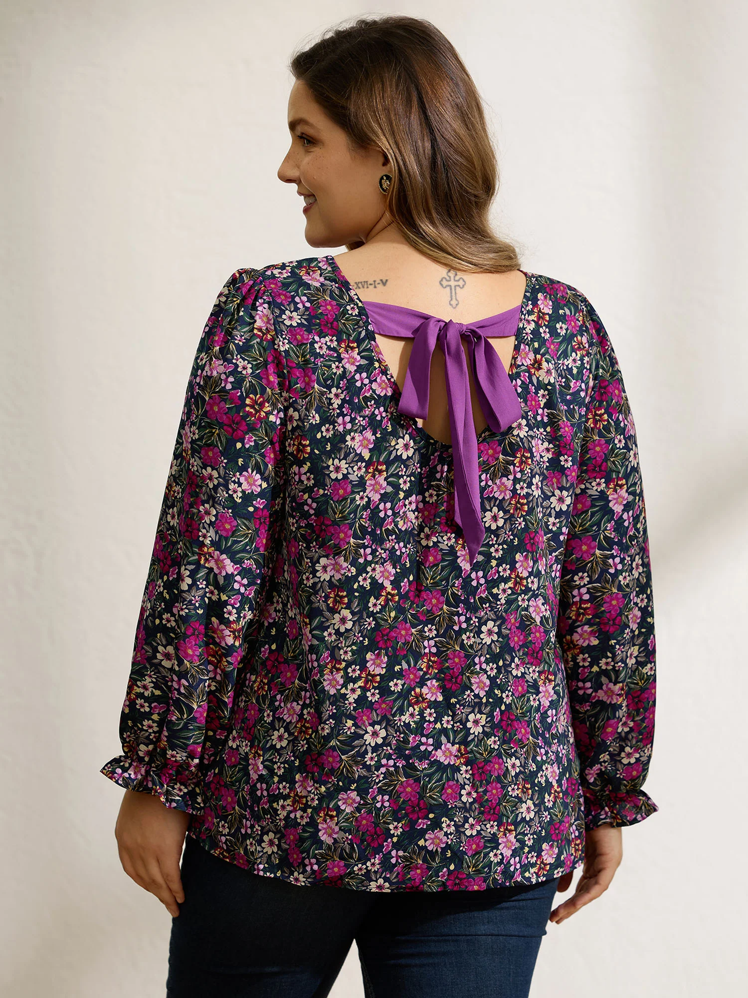 Floral Print Back Bowknot Blouse - Image 4