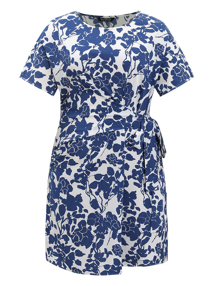 Floral Print Batwing Sleeve Pocket Knot Side Dress - Image 10