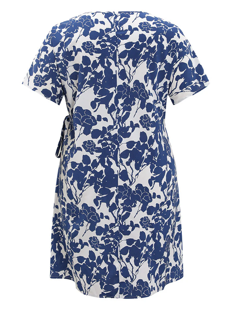 Floral Print Batwing Sleeve Pocket Knot Side Dress - Image 11