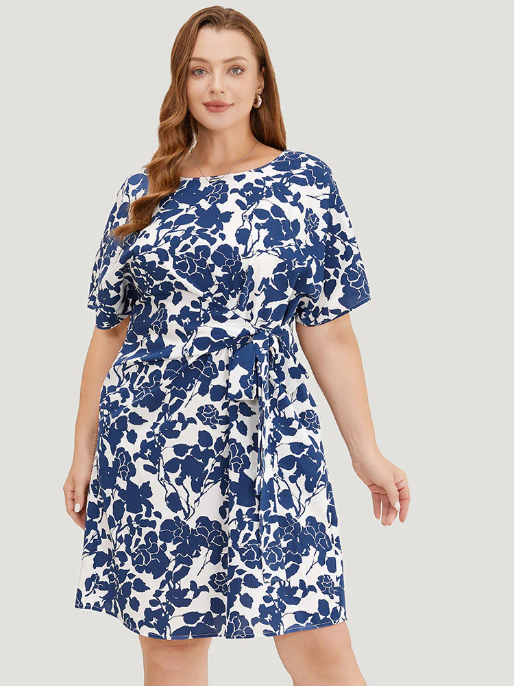 Floral Print Batwing Sleeve Pocket Knot Side Dress - Image 2