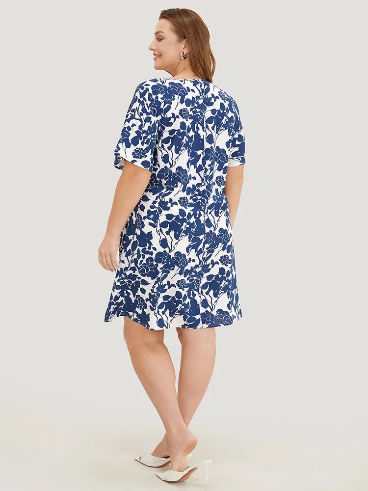 Floral Print Batwing Sleeve Pocket Knot Side Dress - Image 3