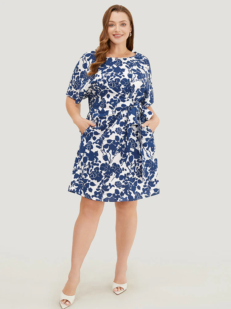 Floral Print Batwing Sleeve Pocket Knot Side Dress - Image 4