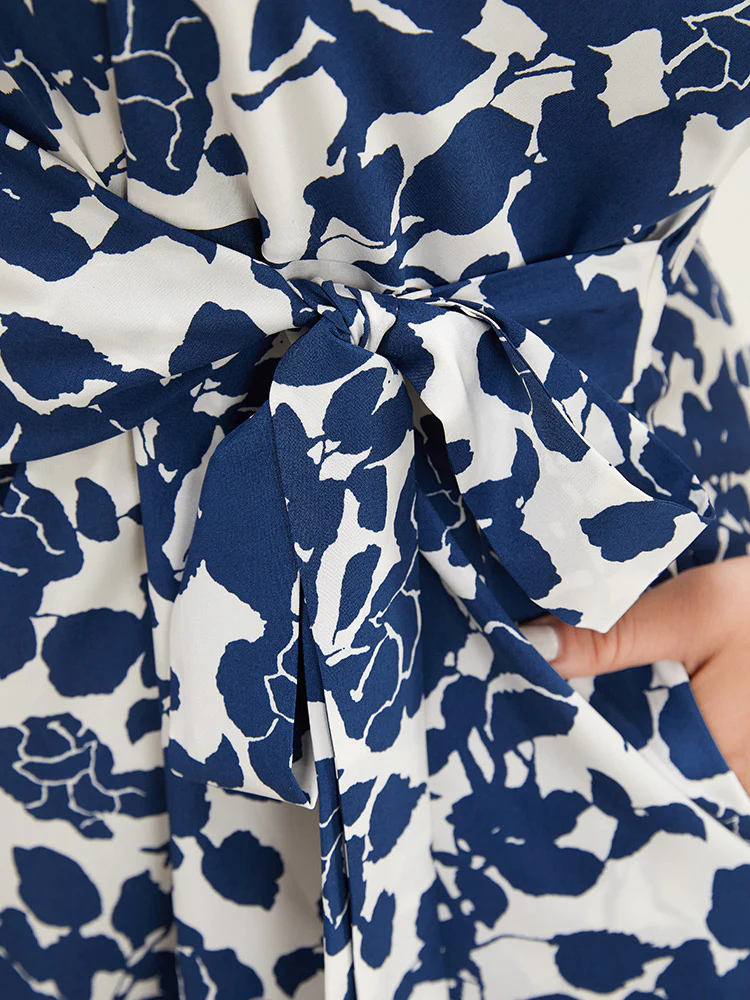 Floral Print Batwing Sleeve Pocket Knot Side Dress - Image 7