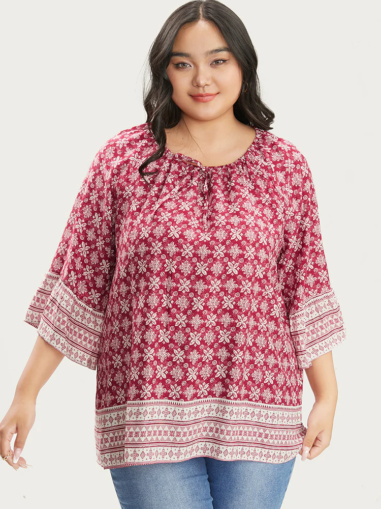 Floral Print Bell Sleeve Knotted Round Neck Blouse - Image 2