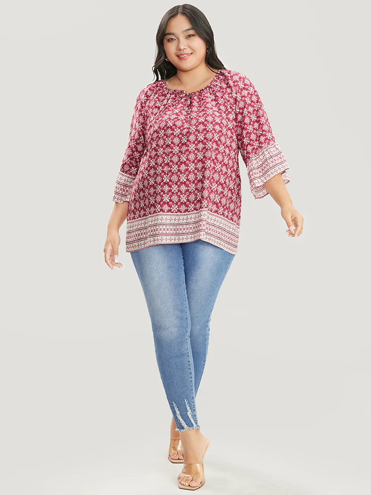 Floral Print Bell Sleeve Knotted Round Neck Blouse - Image 3