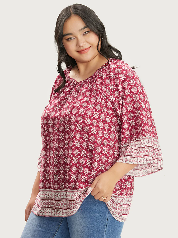 Floral Print Bell Sleeve Knotted Round Neck Blouse - Image 4