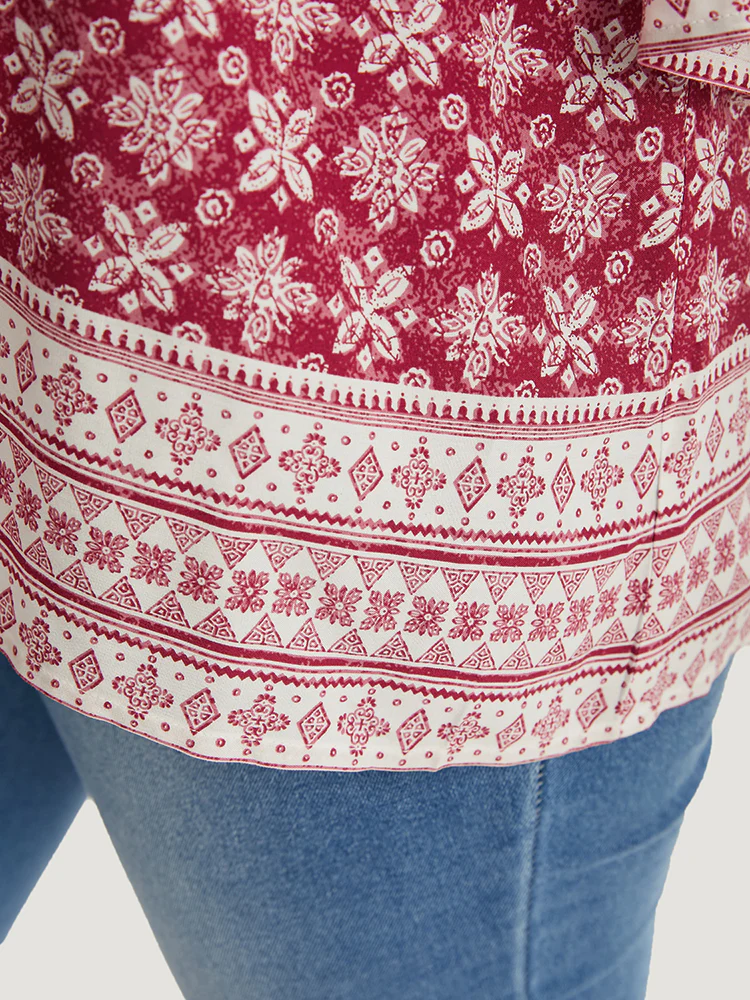 Floral Print Bell Sleeve Knotted Round Neck Blouse - Image 5