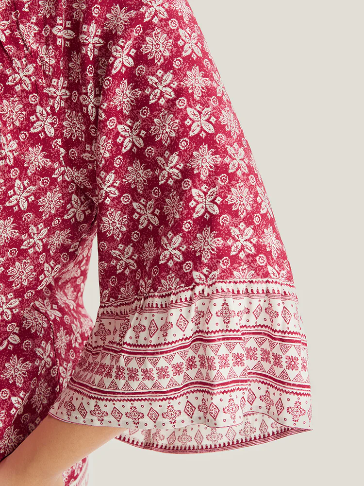 Floral Print Bell Sleeve Knotted Round Neck Blouse - Image 6