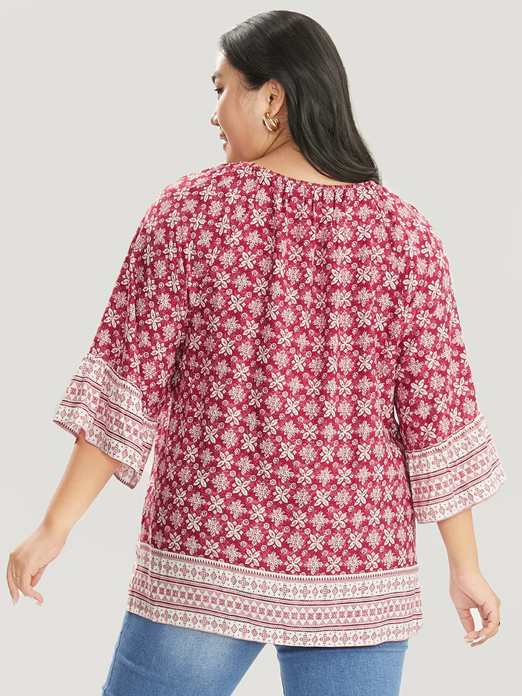 Floral Print Bell Sleeve Knotted Round Neck Blouse - Image 7