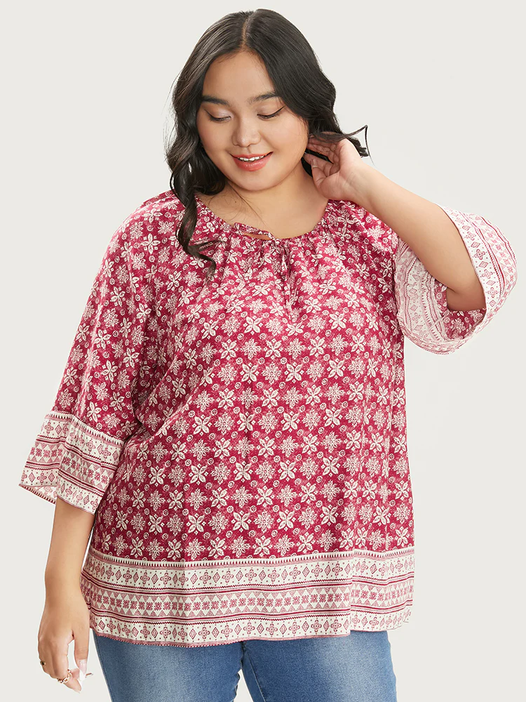 Floral Print Bell Sleeve Knotted Round Neck Blouse - Image 8