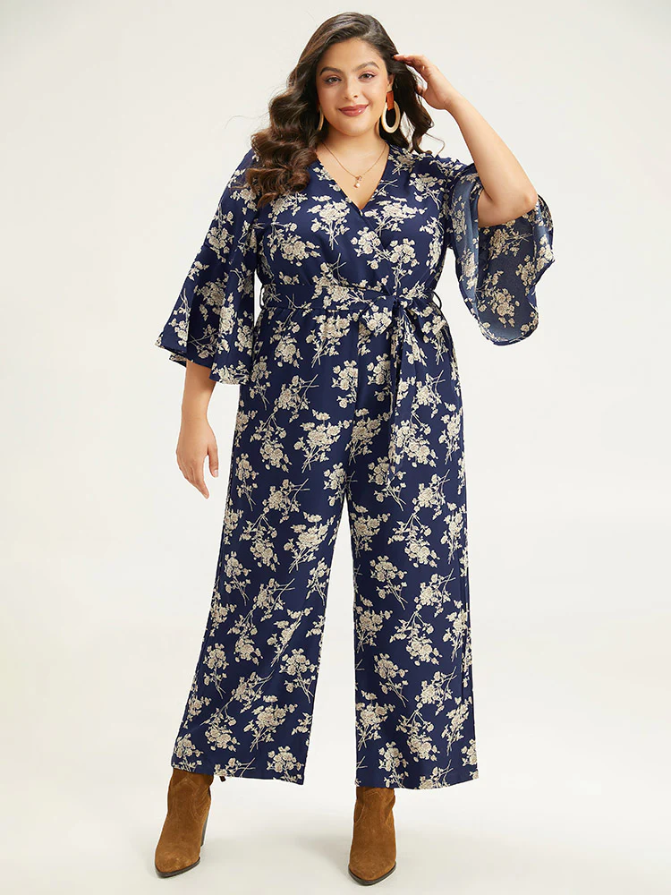 Floral Print Bell Sleeve Pocket Belted Jumpsuit - Image 2