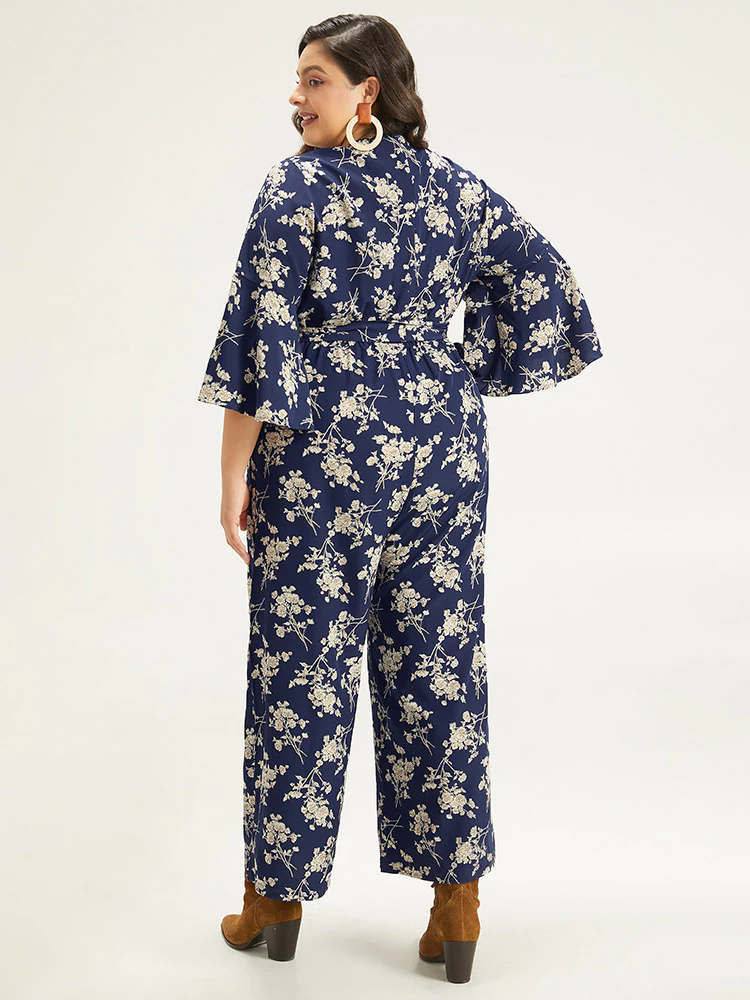 Floral Print Bell Sleeve Pocket Belted Jumpsuit - Image 3
