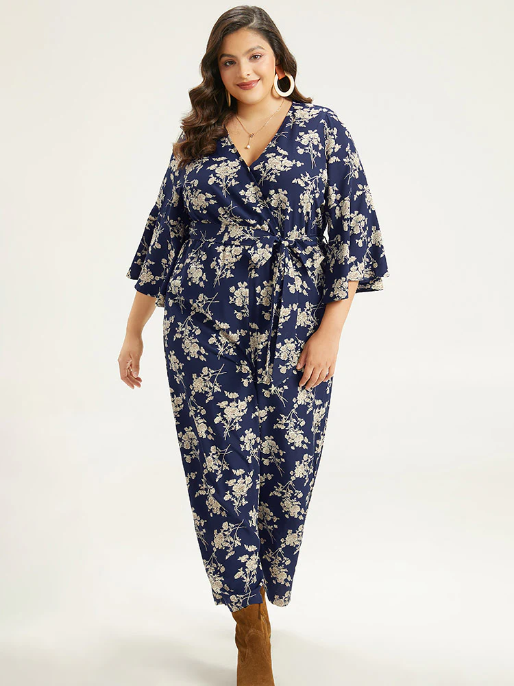 Floral Print Bell Sleeve Pocket Belted Jumpsuit - Image 4