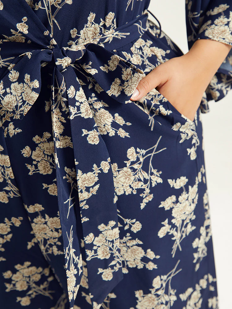 Floral Print Bell Sleeve Pocket Belted Jumpsuit - Image 5