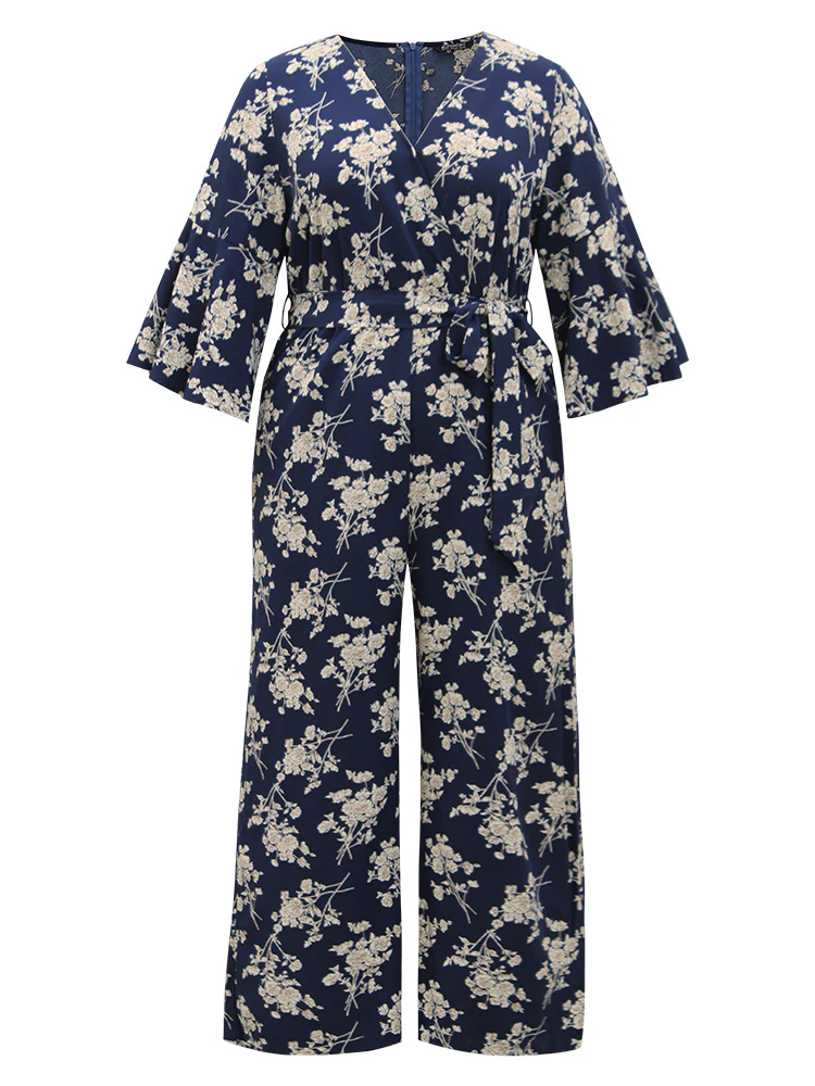 Floral Print Bell Sleeve Pocket Belted Jumpsuit - Image 9