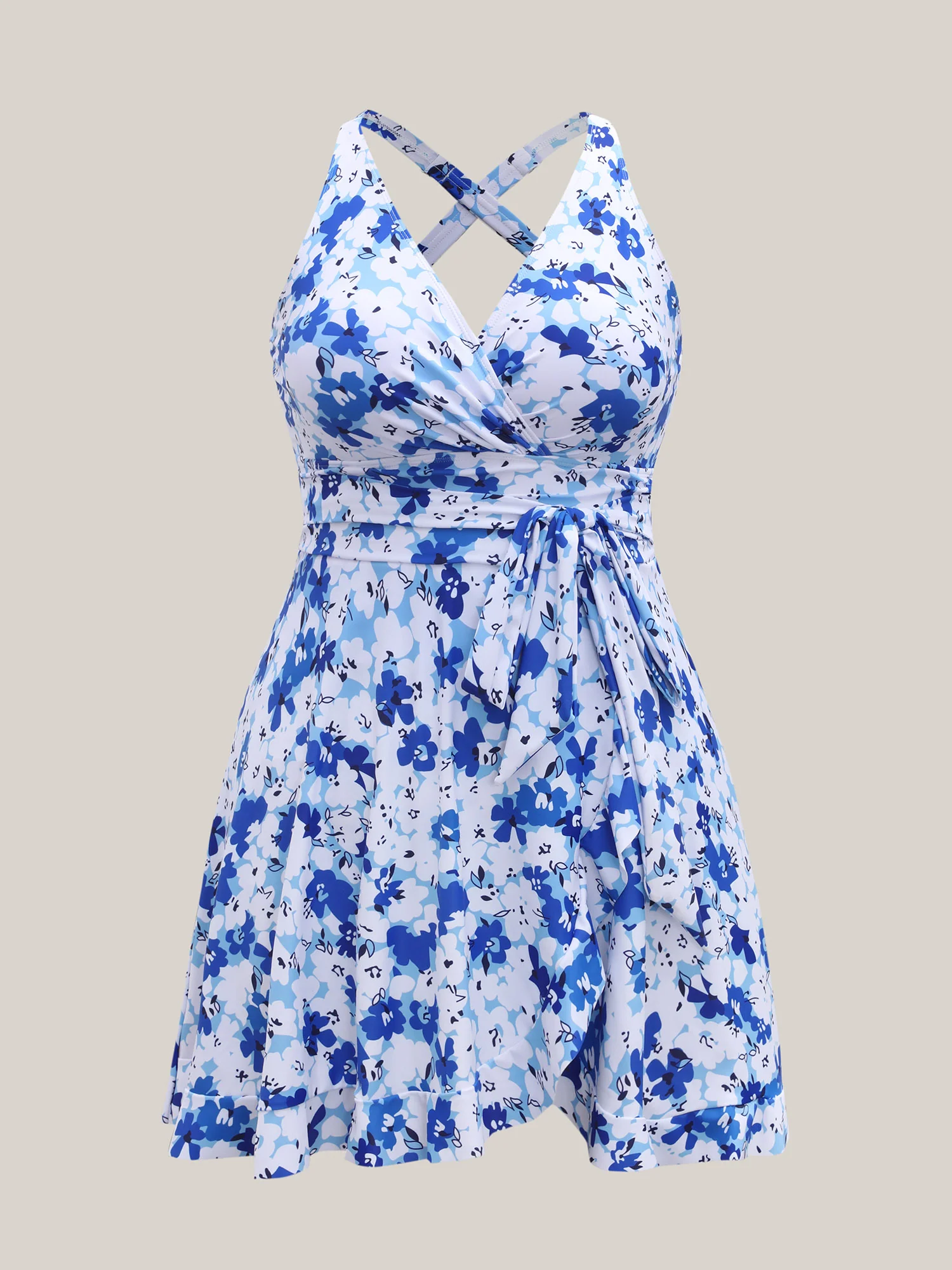 Floral Print Belted Flared Swim Dress - Image 9