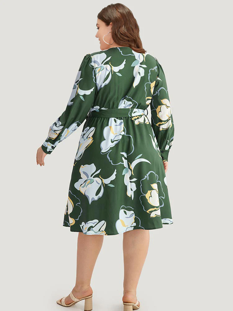 Floral Print Belted Long Sleeve Dress - Image 2