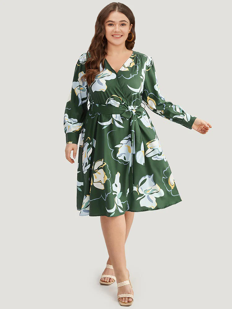 Floral Print Belted Long Sleeve Dress - Image 3