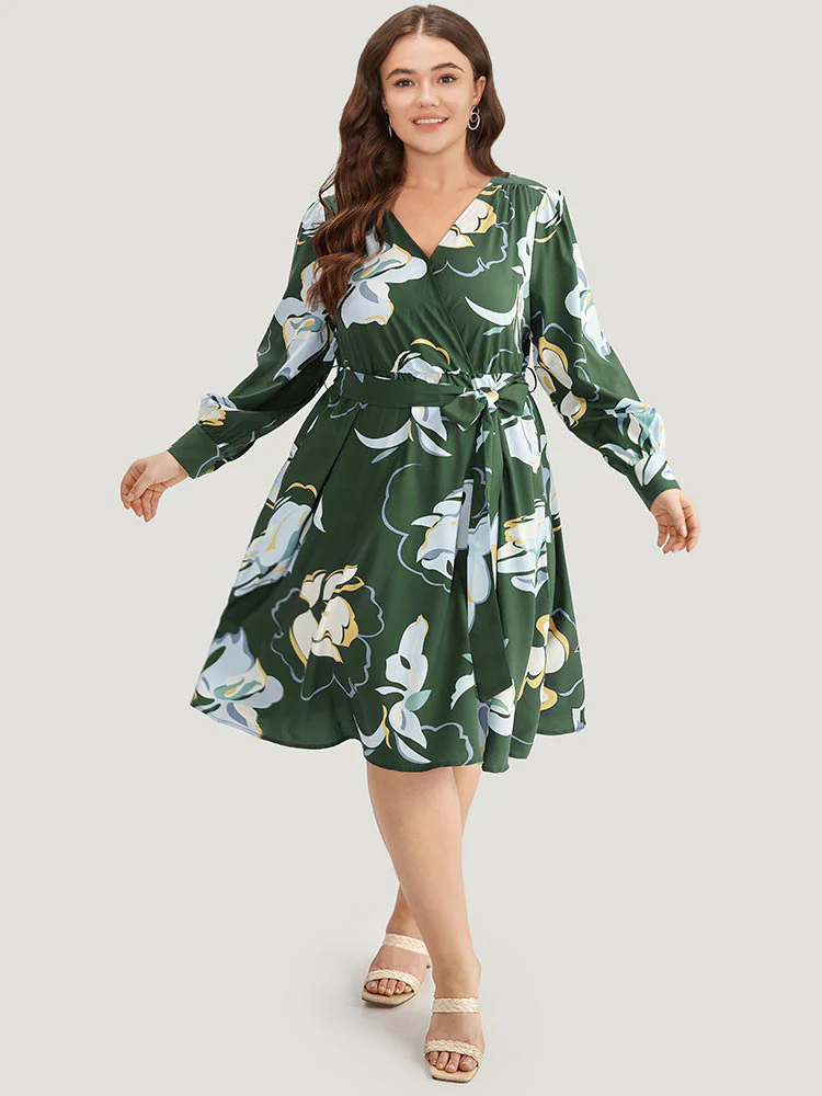 Floral Print Belted Long Sleeve Dress - Image 4