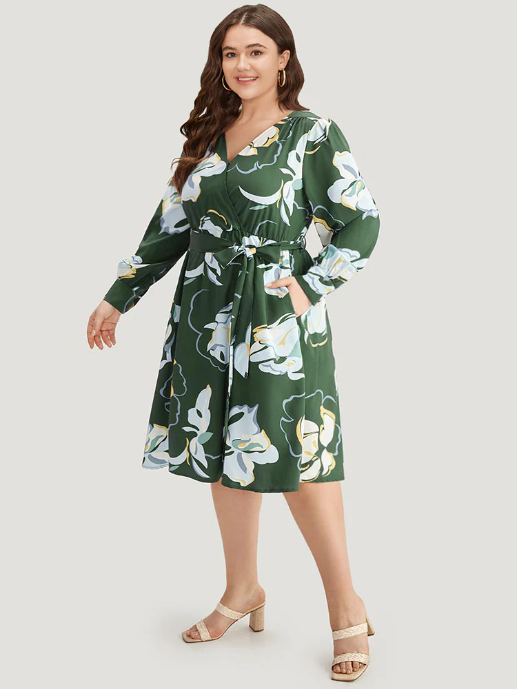 Floral Print Belted Long Sleeve Dress - Image 5