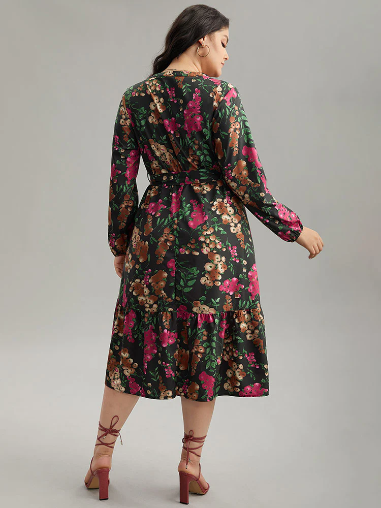 Floral Print Belted Elastic Cuffs Dress - Image 2