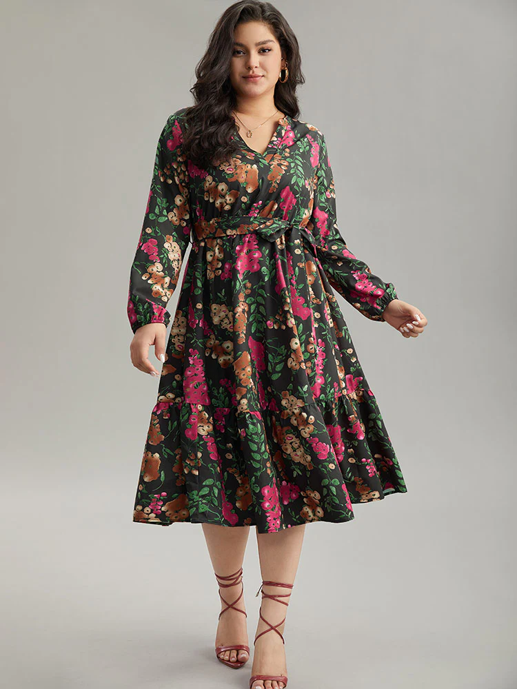 Floral Print Belted Elastic Cuffs Dress - Image 3