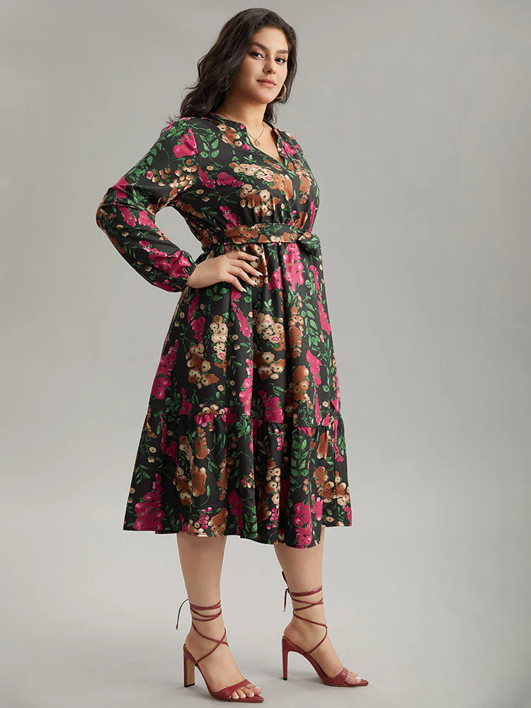Floral Print Belted Elastic Cuffs Dress - Image 4