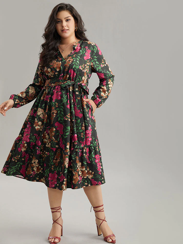 Floral Print Belted Elastic Cuffs Dress - Image 5