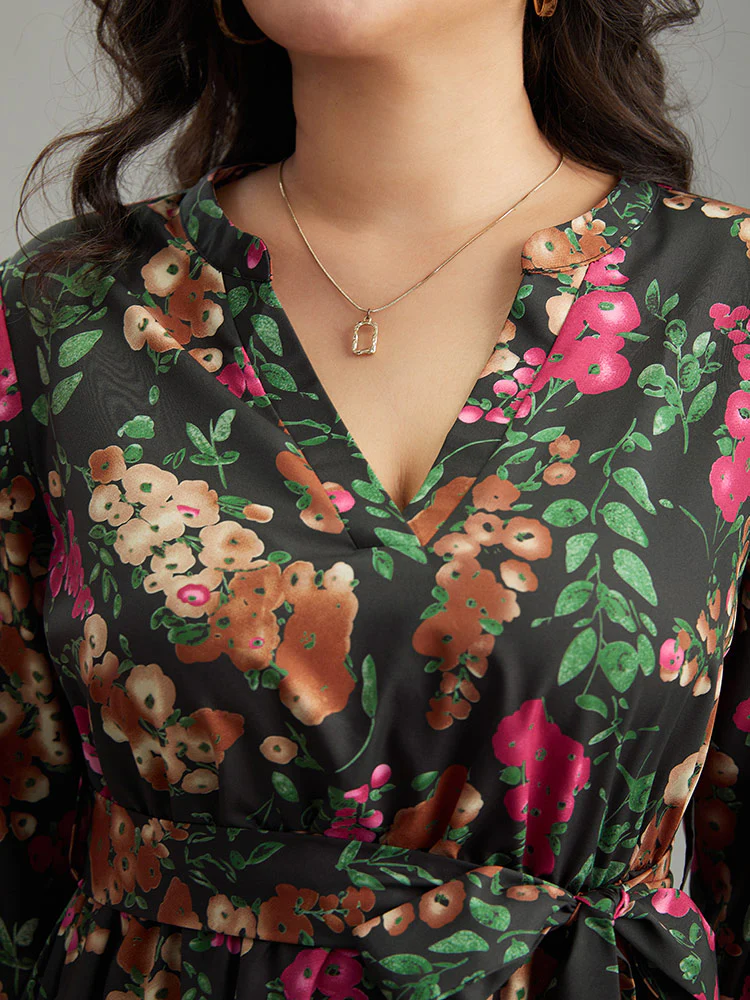 Floral Print Belted Elastic Cuffs Dress - Image 6