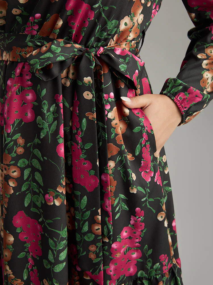 Floral Print Belted Elastic Cuffs Dress - Image 7