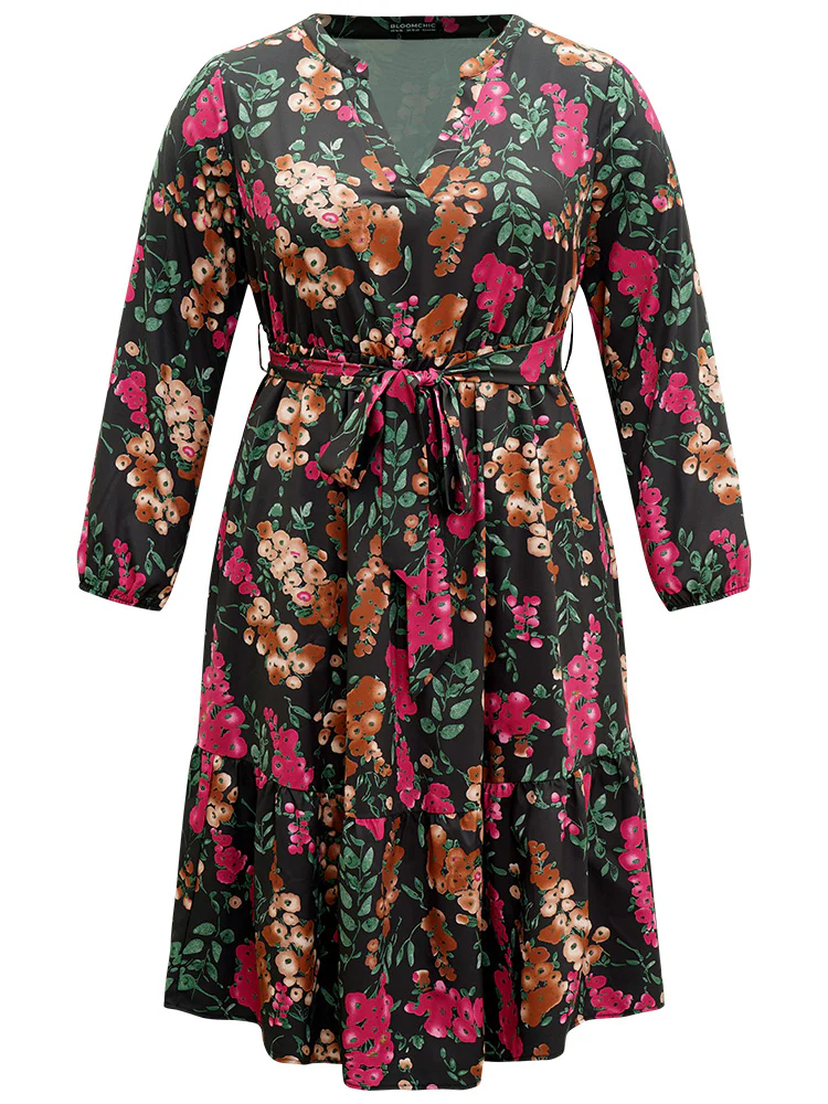 Floral Print Belted Elastic Cuffs Dress - Image 8